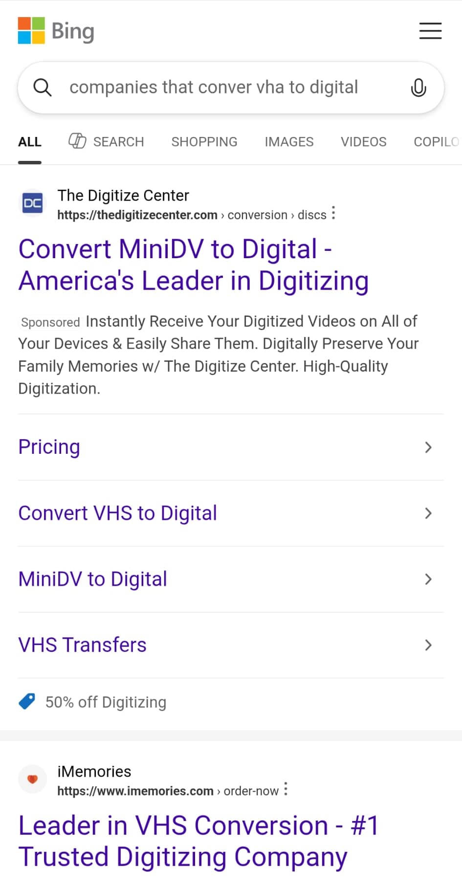 Bing Mobile Search Results