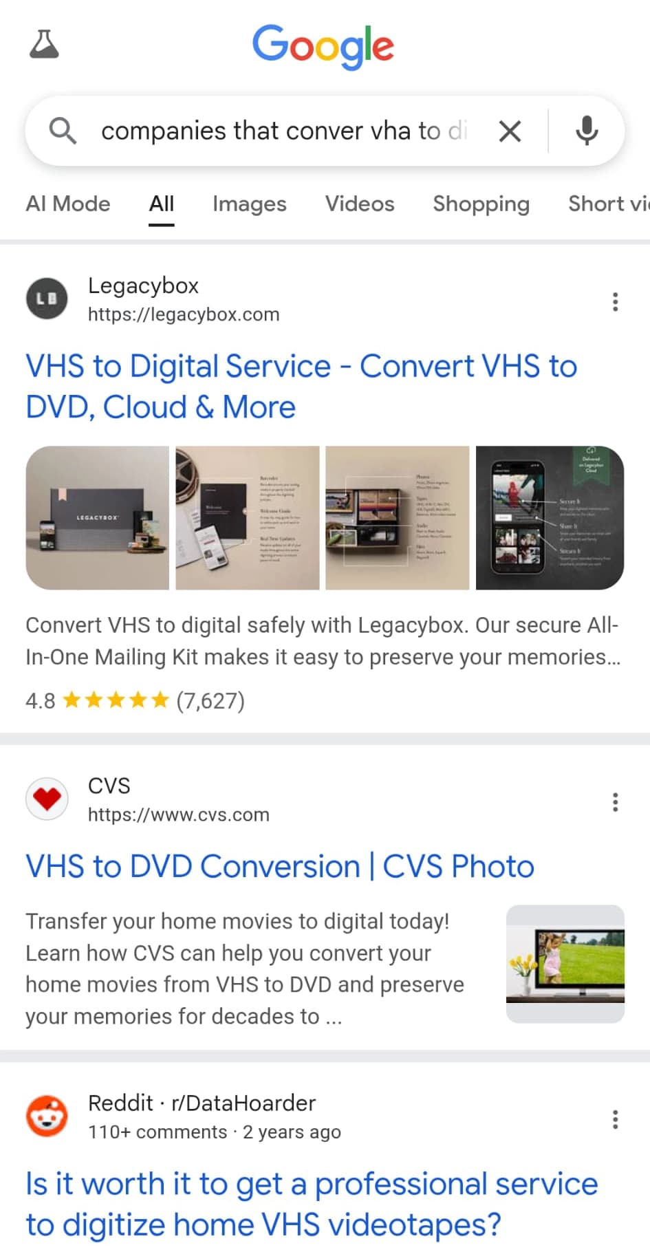 Google Mobile Search Results